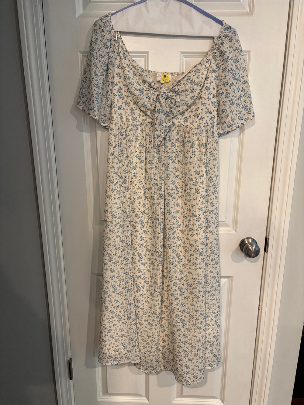 Light Cream Floral Maternity Midi Dress with Blue Flower Print